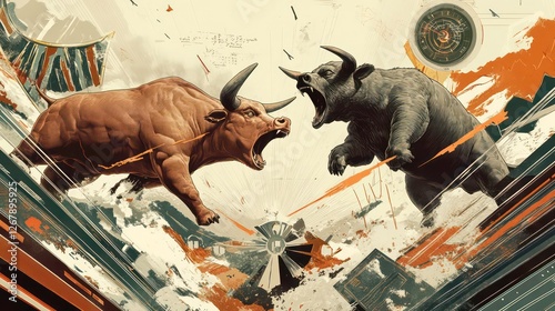 Bull and bear market clash, abstract background, financial concept, investment photo