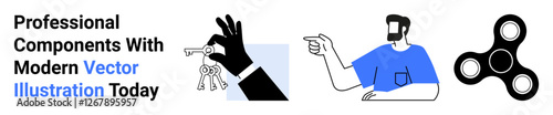 Hand holding keys, man pointing, and fidget spinner emphasizing security, teamwork, focus, decision-making, connection, creativity and motivation. Ideal for marketing education apps flat landing