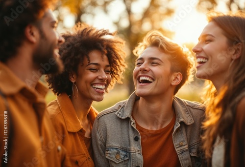 Happy multi ethnic friends laughing together outdoors at sunset