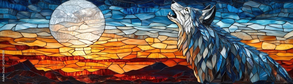 A vibrant stained glass depiction of a howling wolf against a striking sunset and full moon backdrop. A vibrant stained glass depiction of a howling wolf against a striking sunset and full moon backdrop.
