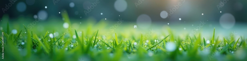 Obraz premium A delicate snowflake gently falls on a bright green grass lawn amidst the silence of winter, Serene Scene, Frozen, Nature