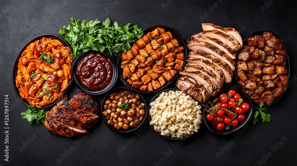 Obraz premium A delicious spread of roasted chicken, sweet potatoes, and other savory dishes. Perfect for a family gathering!
