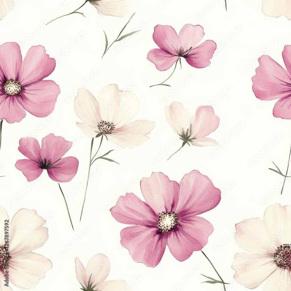 Delicate Cosmos Flower Garden Background Pattern with Pastel Pink and White Blooms in Watercolor Style Delicate Cosmos Flower Garden Background Pattern with Pastel Pink and White Blooms in Watercolor Style