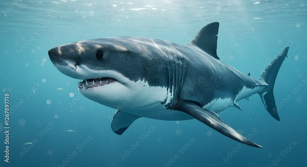 Fototapeta premium Great White Shark Swimming Underwater in Ocean with Sunlight