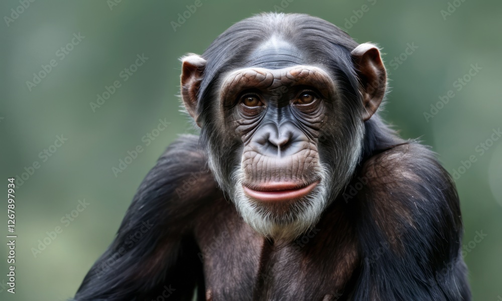 Close-up of a contemplative chimpanzee, showcasing its expressive eyes and glossy fur against a soft green background. Close-up of a contemplative chimpanzee, showcasing its expressive eyes and glossy fur against a soft green background.