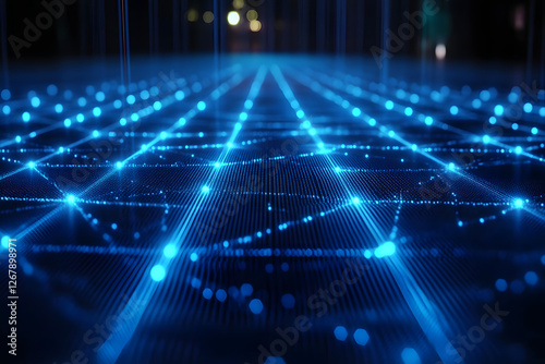 A dark background with a blue abstract design of connected lines and dots  representing technological networks and the importance of connectivity in the digital world.