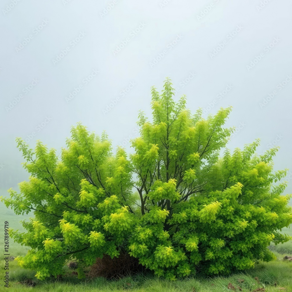 Arbusto con rama retorcida y hojas verdes en un fondo de niebla, green, mist Arbusto con rama retorcida y hojas verdes en un fondo de niebla, green, mist