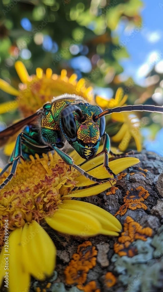 Obraz premium Iridescent Wasp on Yellow Flowers in Sunlight