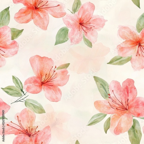 Watercolor Azalea Flowers Seamless Pattern Design Gentle Light Peach Pastel Shades Aesthetic Background photo