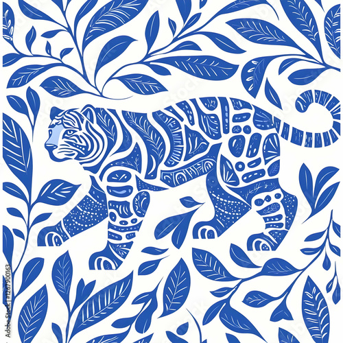 Vibrant Blue Tiger in Exotic Leaf Pattern Design for Artistic Use