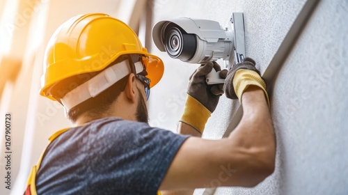 CCTV installation worker fixing a camera A close-up of a technician adjusting a surveillance camera with tools in hand