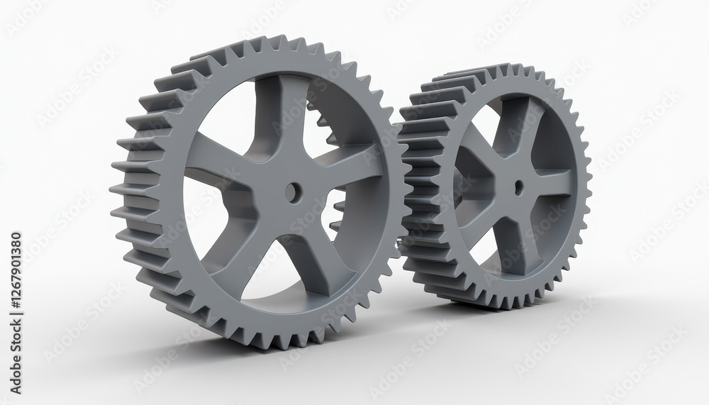Illustration of two gear wheels on a white surface, casting shadows. Conceptual. Illustration of two gear wheels on a white surface, casting shadows. Conceptual.