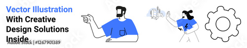 Two individuals working together, gear symbol, and digital interface highlight innovation, teamwork, and problem-solving. Ideal for technology, business strategy, innovation, teamwork efficiency