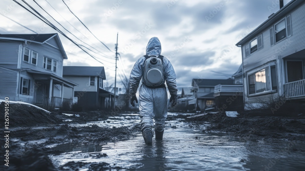 Fototapeta premium Flood aftermath scene--a lone figure in protective clothing walking through muddy waters, surrounded by submerged homes.