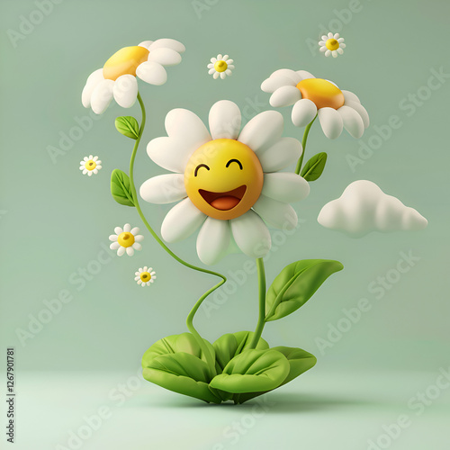 Smiling Flower. A Whimsical 3D Render of a Happy Daisy