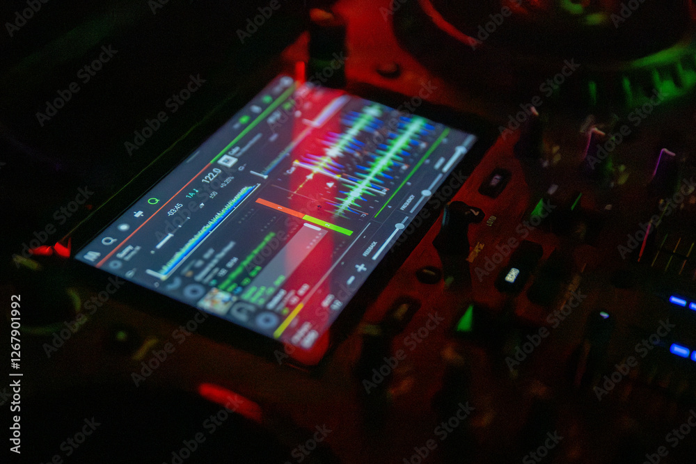 Fototapeta premium DJ Equipment Featuring a Colorful Audio Waveform Display in a Nighttime Setting and Atmosphere