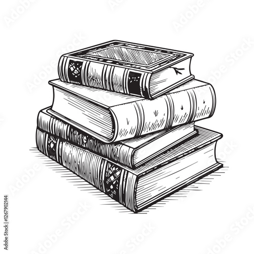 Vintage hand drawn sketch set of books retro black and white drawing line graphic design vector
