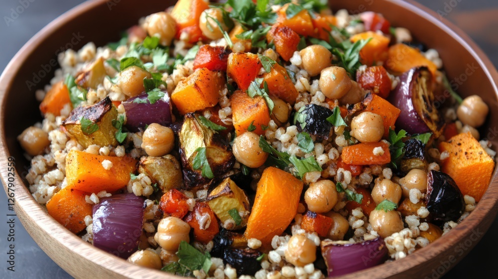 Delicious and Vibrant Roasted Vegetable and Chickpea Salad close up shot Delicious and Vibrant Roasted Vegetable and Chickpea Salad close up shot