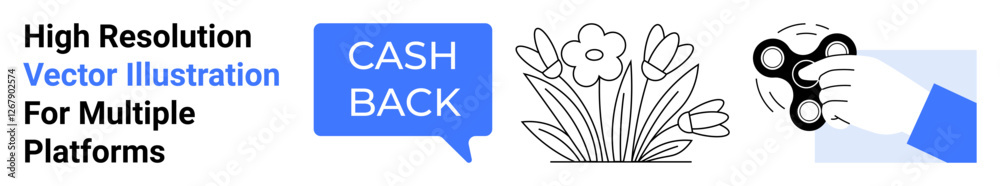 Cashback speech bubble, blooming spring flowers, and hand with spinner. Ideal for finance, nature, relaxation, promotions, hobbies mindfulness tech designs. Perfect for flat landing page banner Cashback speech bubble, blooming spring flowers, and hand with spinner. Ideal for finance, nature, relaxation, promotions, hobbies mindfulness tech designs. Perfect for flat landing page banner