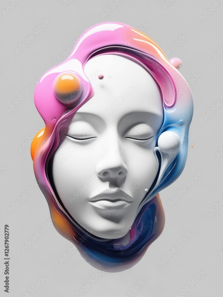 Abstract face sculpture with colorful paint swirls, showcasing creativity Abstract face sculpture with colorful paint swirls, showcasing creativity