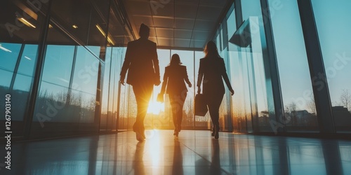 Businesswomen walking towards sunset in modern office corridor