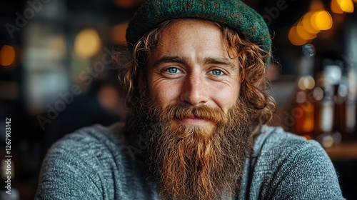 Smiling man with beard and stylish hat photo