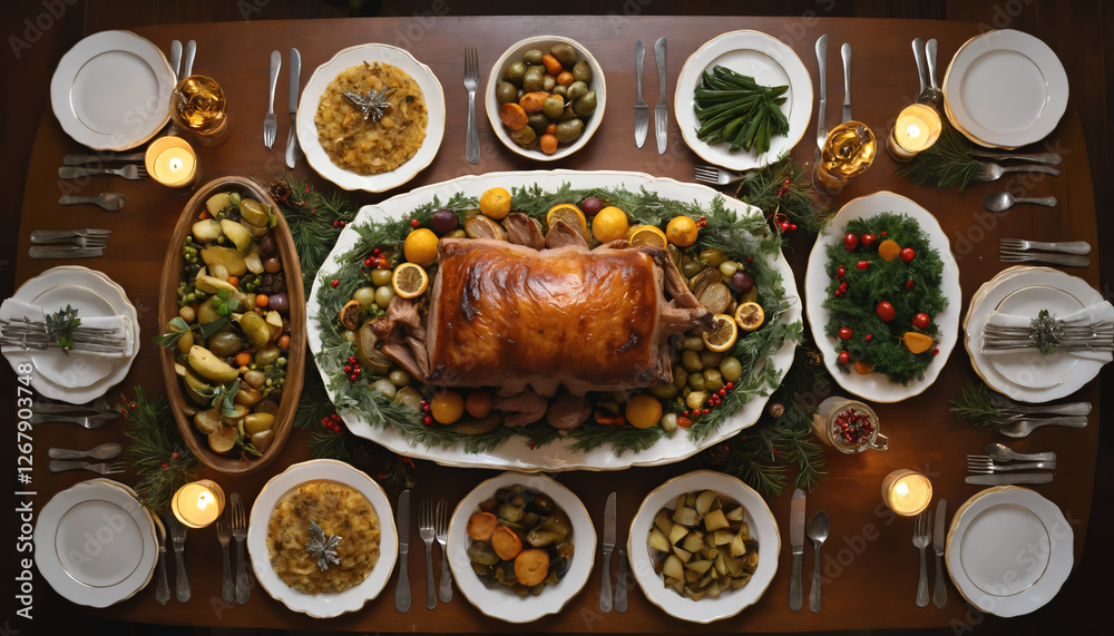 Festive dinner with meat dishes, olives, vegetables, seeds and sauces. Top view. Festive dinner with meat dishes, olives, vegetables, seeds and sauces. Top view.