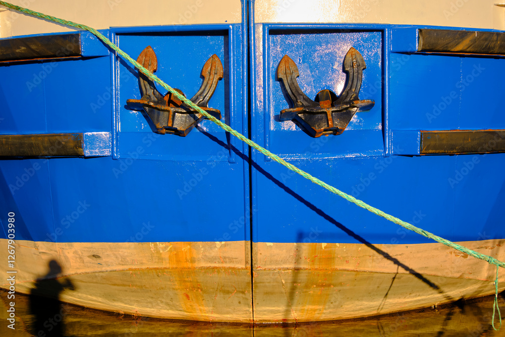 Naklejka premium Anchors on blue ship hull with rope shadow