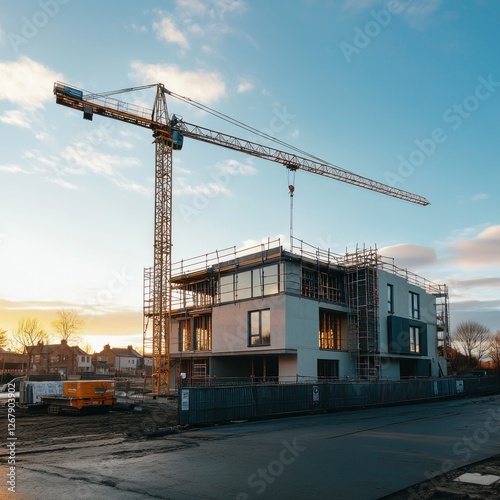 Construction site, crane, apartment building, sunrise, city, urban photo