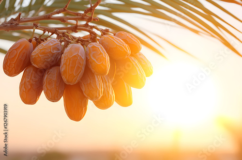 Dates on a branch against a sunny sky. The sweet fruit hangs, ready for harvesting, illuminated by golden hour light, creating a warm and inviting scene. photo