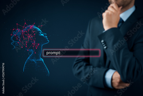 Artificial intelligence (AI) and businessman think about prompt. Artificial intelligence represented by female in polygons design analyze prompts. Generated with the use of an AI and photography.