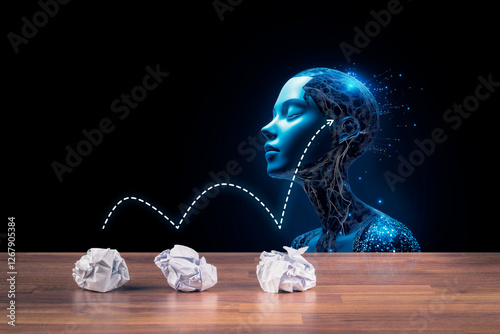 Creative process concept with AI use. From no idea to AI generative idea. Female humanoid head representing AI. Generated with the use of an AI, combined with photo.