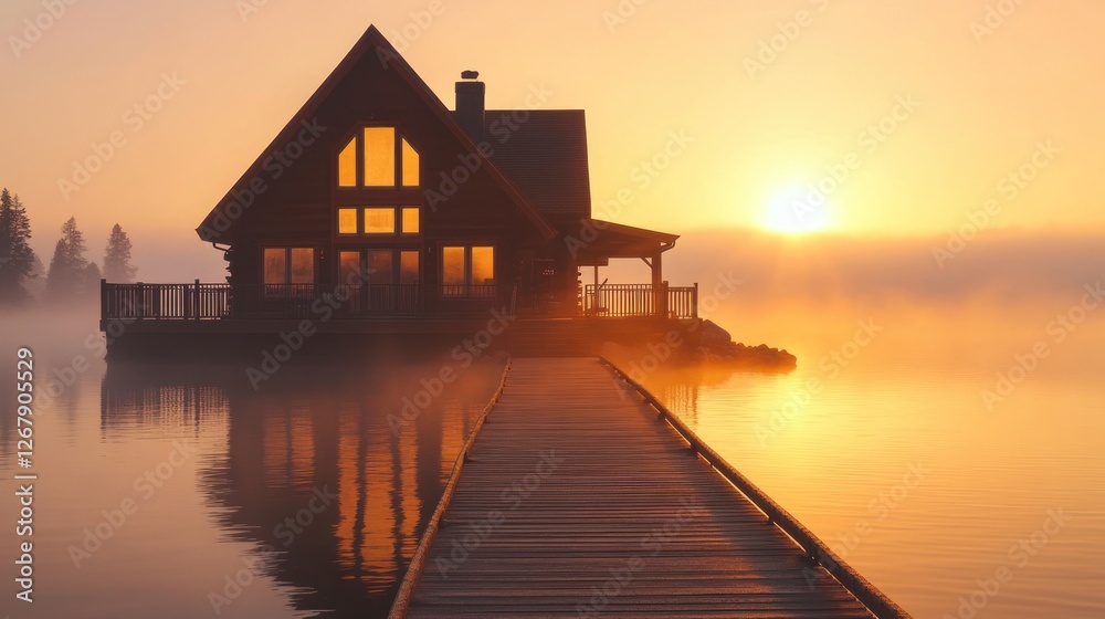 A Frame Cabin Sunrise Lake Mist Wooden Dock A Frame Cabin Sunrise Lake Mist Wooden Dock