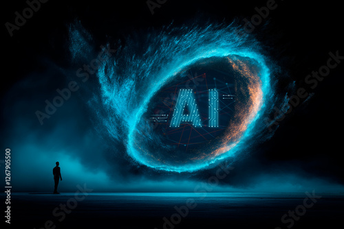 Consciousness merges with technology, future shaped by transhumanism and digital philosophy, blurring lines between human and AI. Generated with use of AI.