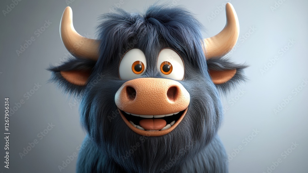 Fototapeta premium A cartoonish bull with big horns and a big smile. The bull is looking at the camera and he is happy