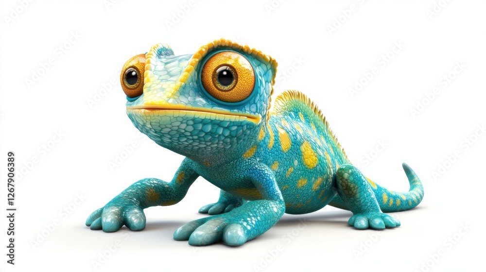 Obraz premium A cartoon chameleon with a yellow face and blue body. The lizard is looking at the camera. The lizard is on a white background