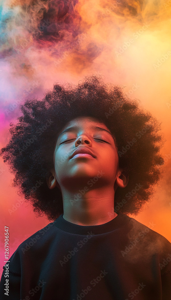 A teenager in an afro-style outfit with his eyes closed and his head tilted upwards meditates against a backdrop of colorful clouds A teenager in an afro-style outfit with his eyes closed and his head tilted upwards meditates against a backdrop of colorful clouds