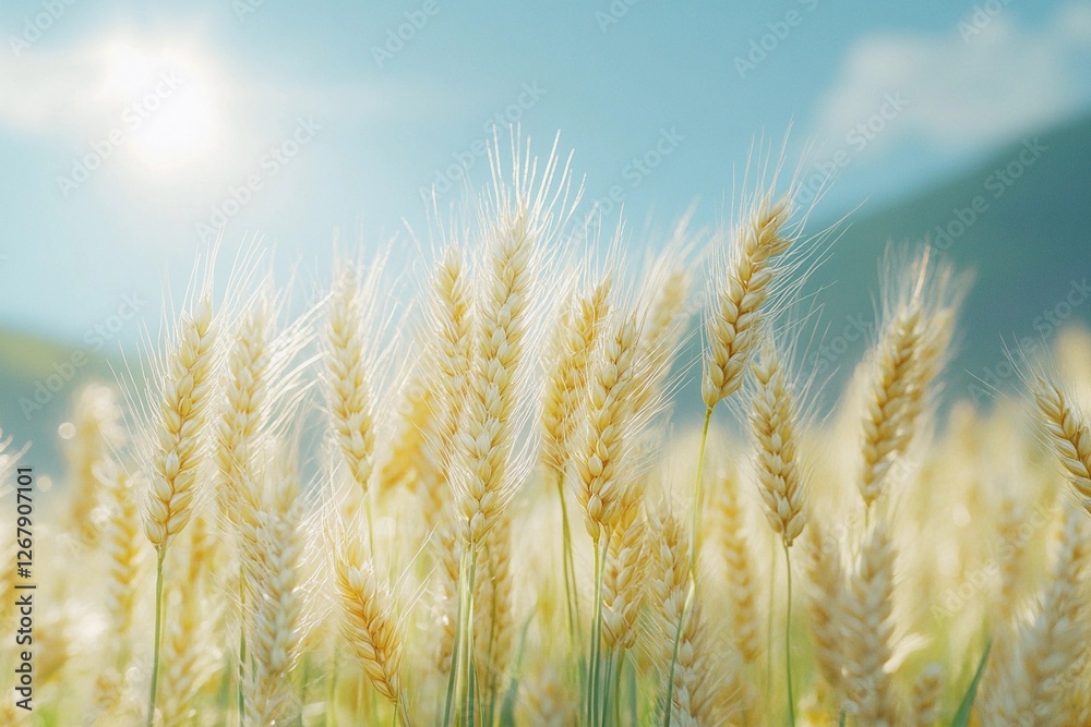 Tall stalks of golden wheat dance in the warm midday breeze, illuminated by bright sunlight against a serene blue sky. Generative AI Tall stalks of golden wheat dance in the warm midday breeze, illuminated by bright sunlight against a serene blue sky. Generative AI