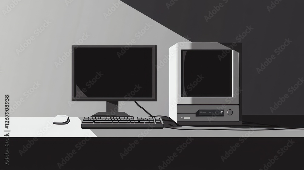 Monochrome illustration of retro computer setup on desk. Monochrome illustration of retro computer setup on desk.