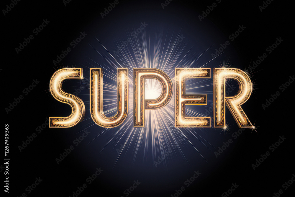 Super text with glowing lights and starburst effect on black background