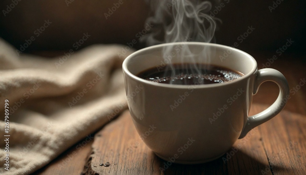 Fototapeta premium Steamy Coffee Mug on Wooden Table