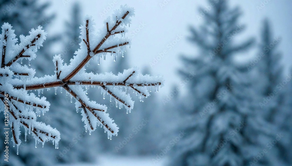 Snowy Branch with Icicles Against Blurred Trees Snowy Branch with Icicles Against Blurred Trees