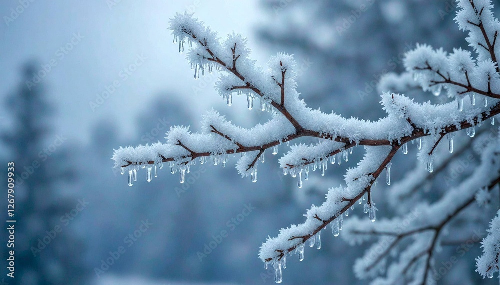 Snowy Branch with Icicles in Blurry Forest Snowy Branch with Icicles in Blurry Forest