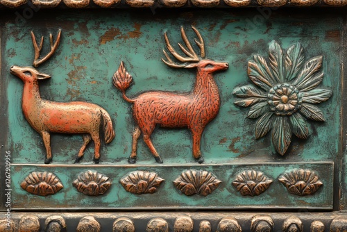 Intricate deer and floral carving on teal panel photo