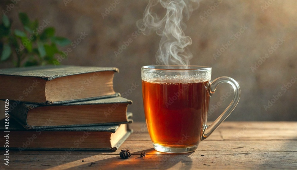 Steamy Tea Cup Beside Old Books Steamy Tea Cup Beside Old Books