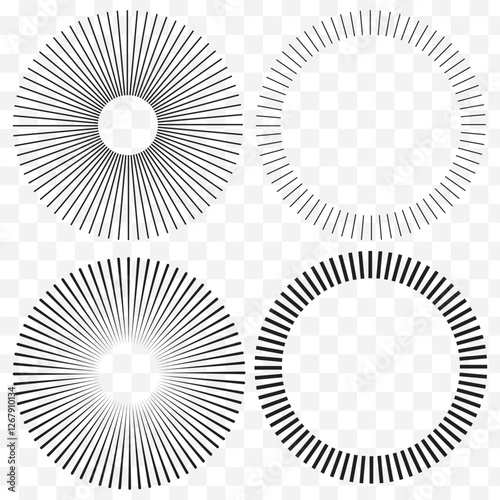 Set of black rings with sound waves, interrupted lines and dots. Sonar rings with radial lines. Radar icon, target, epicenter. Vector concentric vortex circles. EPS 10.