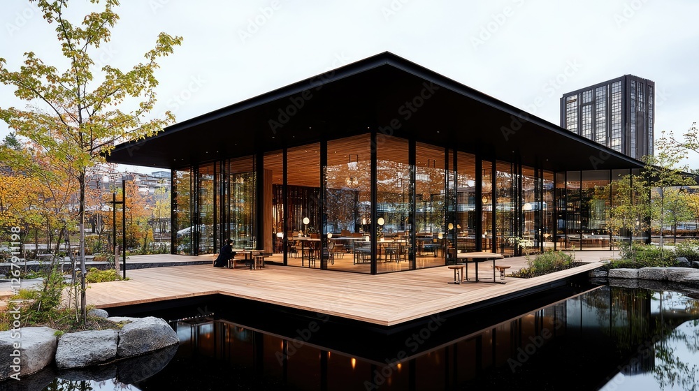 Obraz premium Modern Glass Pavilion Restaurant with Wooden Deck and Pond