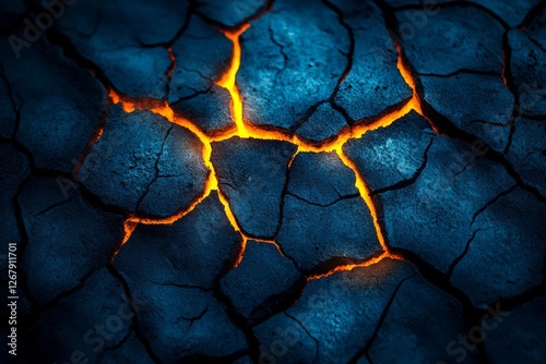 Glowing cracks in dark, textured earth