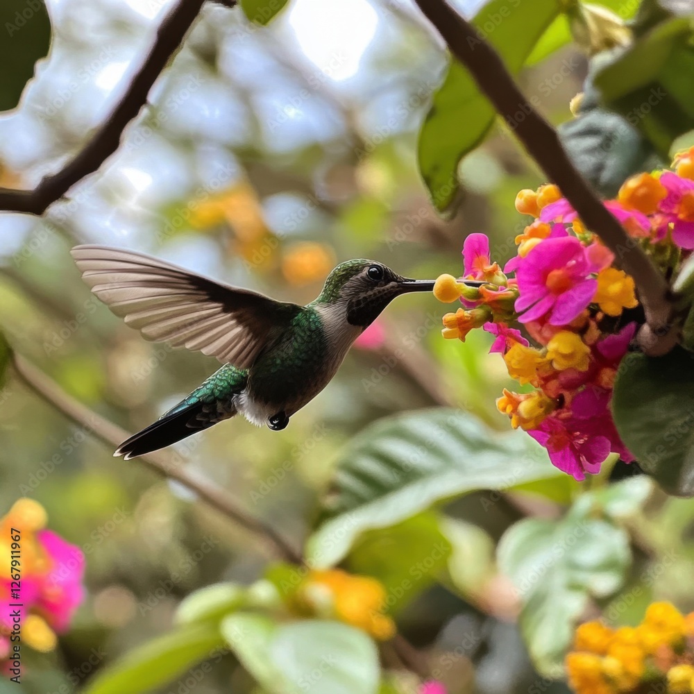 Fototapeta premium Hummingbird Sipping Nectar From Vibrant Blooms A Symphony of Colors and Grace in Nature Garden
