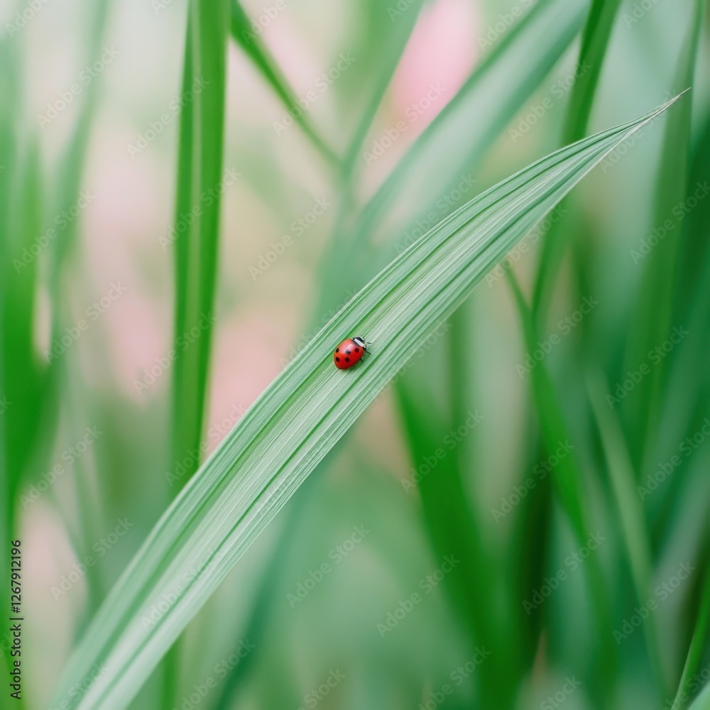 Ladybug Resting on a Vibrant Green Leaf Blade in a Serene Natural Outdoor Environment Scenery Ladybug Resting on a Vibrant Green Leaf Blade in a Serene Natural Outdoor Environment Scenery